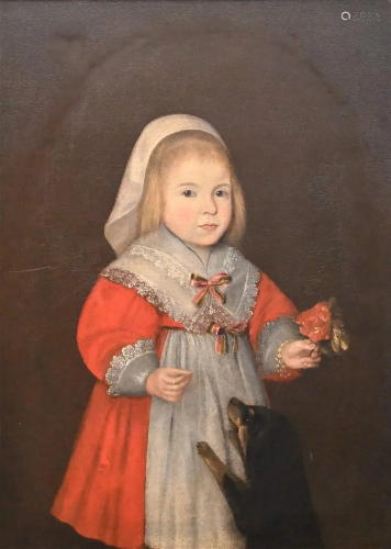 Unknown Artist, primitive child in red dress holding a rose,...