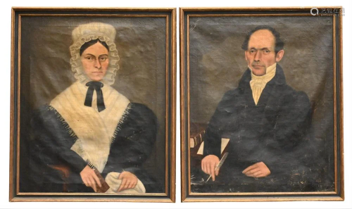Pair of Primitive Portrait Paintings, to include a man holdi...