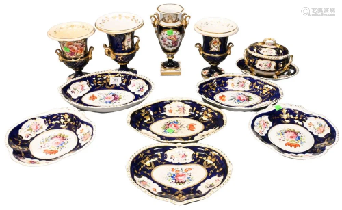 12 Piece French Porcelain Lot, blue with floral panels, to i...