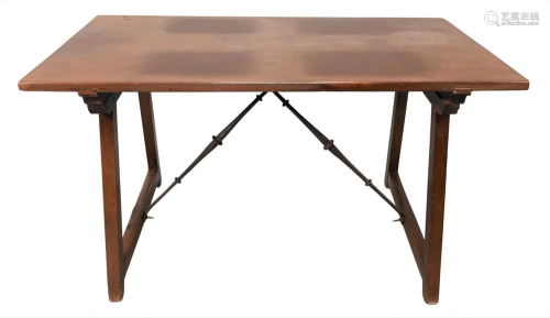 Italian Baroque Walnut Slab Top Table, on plain base, having...