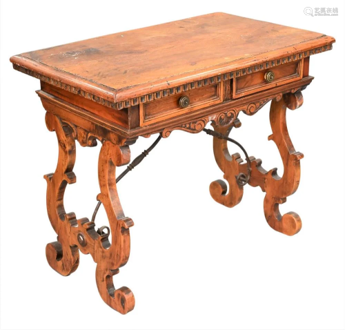 Spanish Style Table, having two drawers, carved legs and iro...