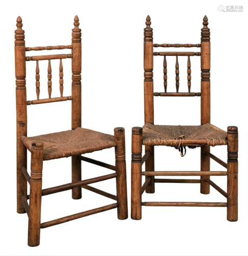 Two Oak Carver Type Side Chairs, having ring turned uprights...