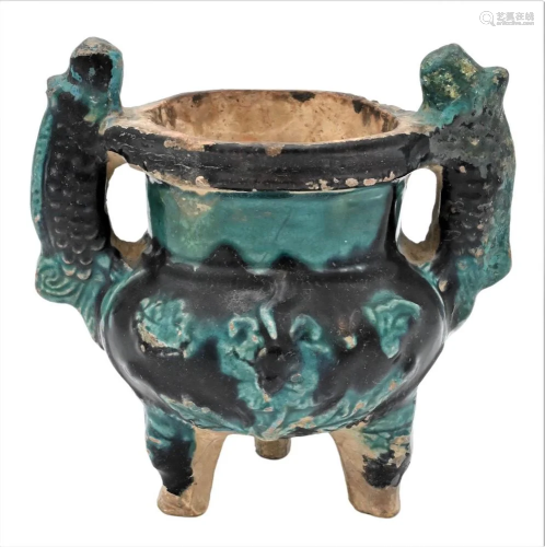Small Fahua Tripod Censer, Ming Dynasty, having carp handles...