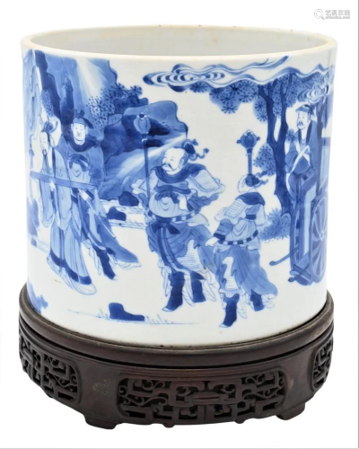 Large Blue and White Chinese Brush Pot, painted with officia...