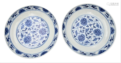 Pair of Blue and White Porcelain Dishes, having painted wild...
