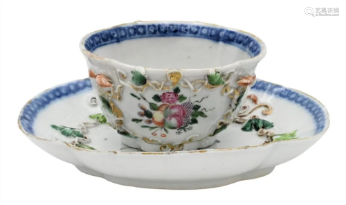Chinese Export Tea Cup and Saucer, saucer length 5 inches, m...