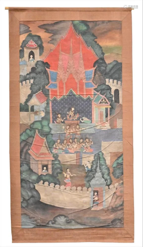 Tibetan Scroll, mounted on linen, depicting village and hous...