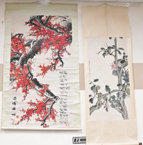 Two Chinese Hand Painted Scrolls, both watercolors, one depi...
