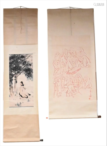 Three Chinese Scrolls, watercolors, to include one of schola...