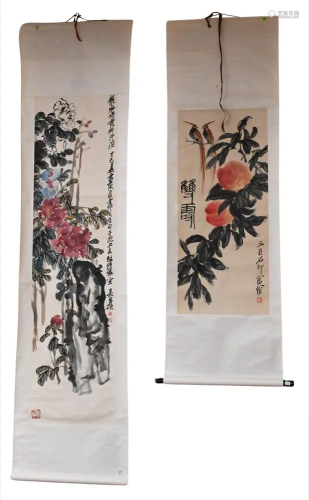 Two Chinese Hand Painted Scrolls, both watercolors of fruit ...
