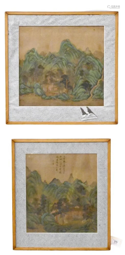 Pair of Chinese Paintings on Silk, mountainous landscapes wi...