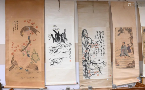 Five Chinese Hand Painted Scrolls, to include two depicting ...