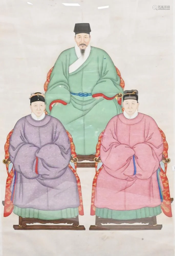 Chinese Triple Ancestral Portrait, watercolor on paper, in f...
