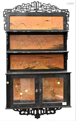 Japanese Black Lacquered Hanging Shelf, chinoiserie decorate...