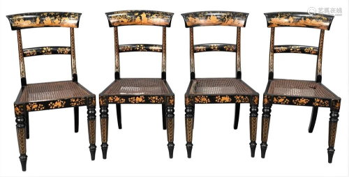 Set of Four Japanned Side Chairs, having caned seats and gil...