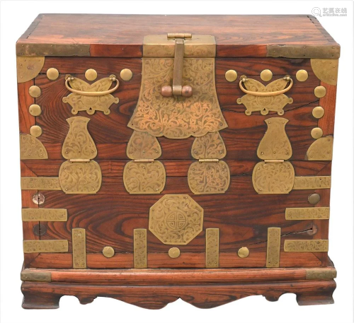 Korean Chest, having brass mounts and fall front, on ogee fe...