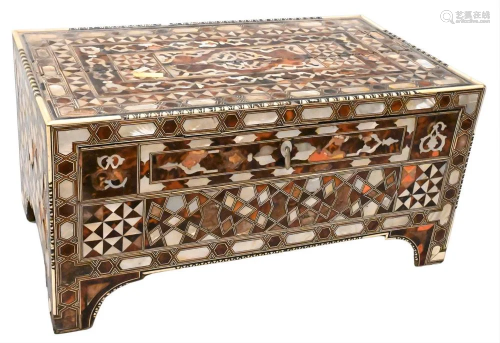 Tortoise and Mother of Pearl Inlaid Chest, having one drawer...