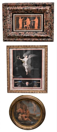 Group of Three Framed Pieces, to include a round oil on boar...