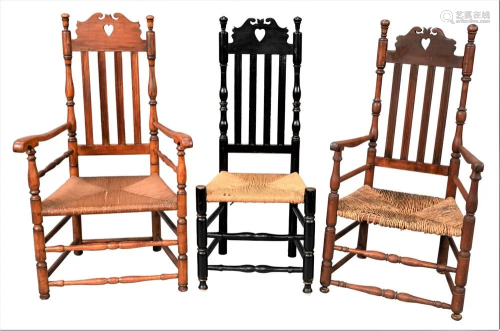 Three Heart and Crown Bannister Back Chairs, two having arms...