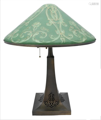 Arts & Crafts Table Lamp, having green dome shade with g...