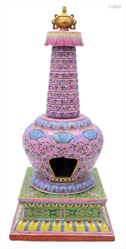 Chinese Famille Rose Porcelain Pagoda Censor, having pink gr...