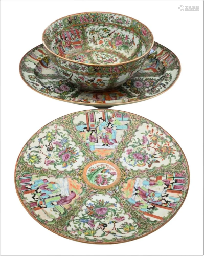 Rose Medallion Three Piece Lot, to include a punch bowl, dia...