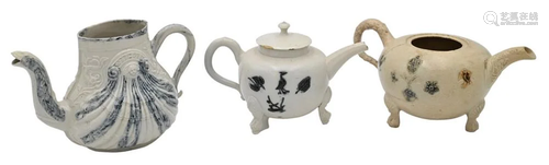 Three Salt Glazed Teapots, one with cover, (minor wear cover...