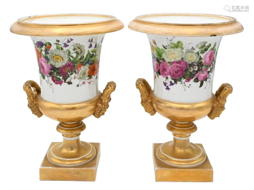 Pair of French Porcelain Urns, having painted wild flowers a...