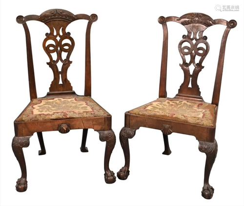 Pair of George III Mahogany Side Chairs, having carved gargo...