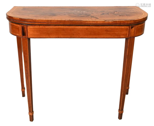 George III Mahogany Card Table, shaped with light wood inlay...