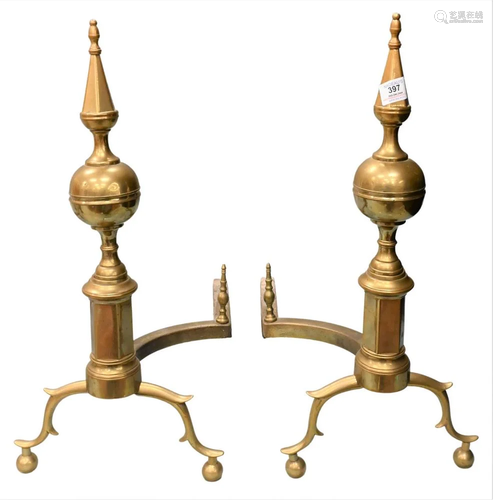 Pair of Federal Brass Steeple Top Andirons, having log stops...