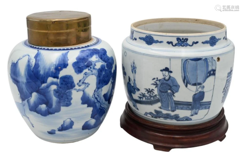 Two Chinese Blue and White Covered Jars, 19th century, one o...