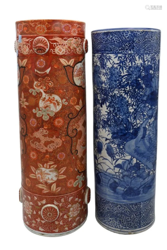 Two Japanese Umbrella Stands, 19th century, one blue and whi...