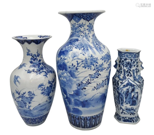 Three Blue and White Porcelain Vases, to include two Japanes...