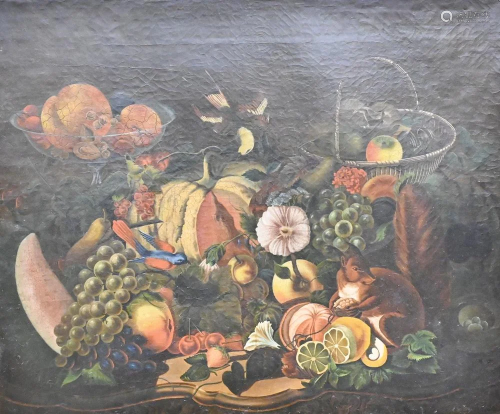 Unknown Artist, still life of fruit, flowers and animals, oi...