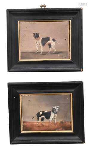 Pair of Primitive Folk Art Dog Portraits, oils on canvas, un...