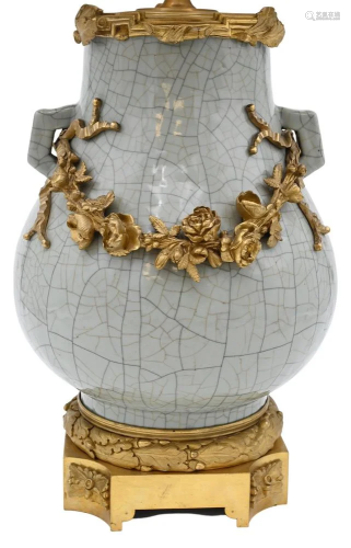 Chinese Celadon Crackle Glaze Vase, having gilt bronze flora...