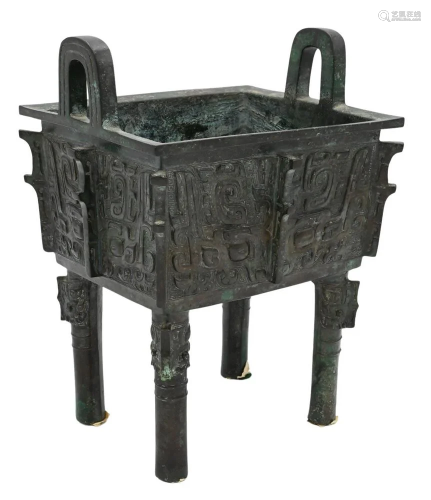 Chinese Bronze Ding, four footed rectangular ritual vessel h...