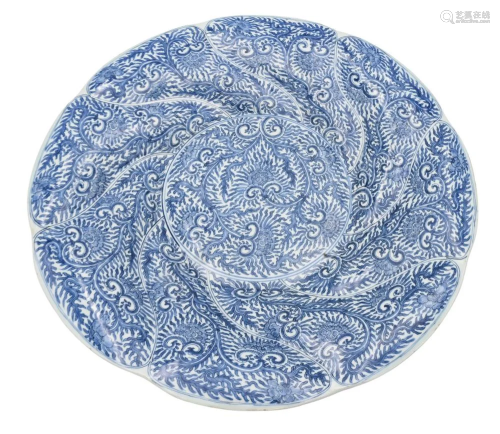 Chinese Blue and White Charger, with scroll and peony design...