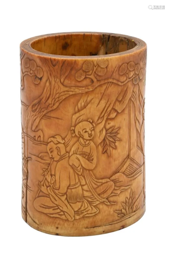 Carved Chinese Brush Pot, having carved figures around exter...