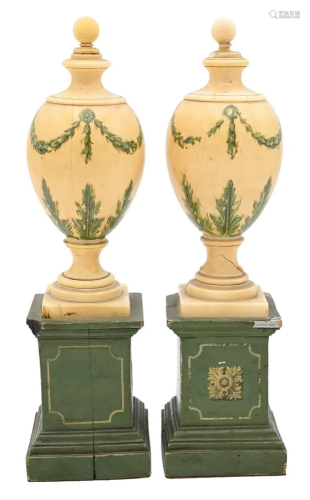 Pair of Painted Urns, each in egg form with finial, painted ...