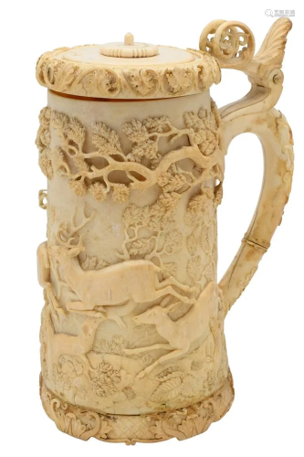 Continental Tankard, having carved deer or elk, trees and co...