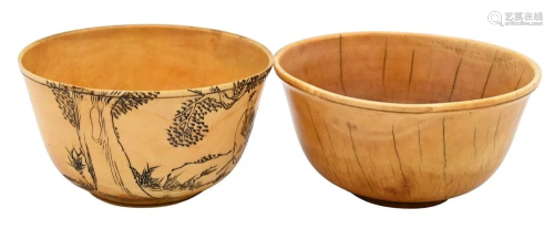 Two Carved Bowls, to include one having etched scene with fi...