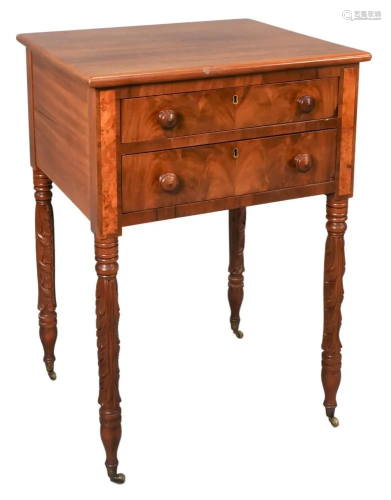 Sheraton Mahogany Two Drawer Stand, on carved and turned leg...
