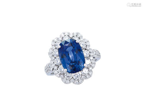 5.23卡拉「斯里蘭卡」藍寶石配鑽石戒指鑲18K白金