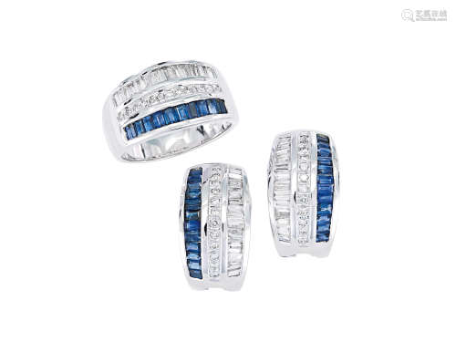藍寶石配鑽石戒指及耳環鑲18K白金(3)