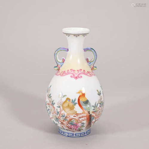 Inscribed Falangcai Glaze Rooster Ruyi-Eared Vase