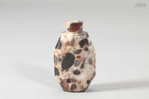 Carved Pudding Stone Agate Octagonal Snuff Bottle