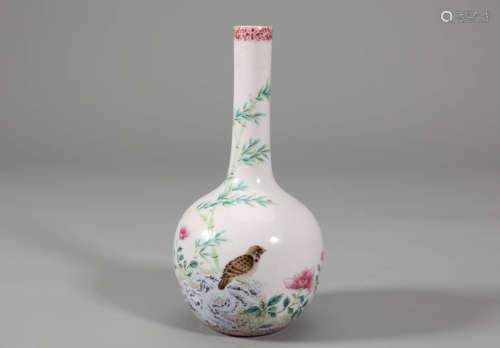 Falangcai Glaze Bamboo and Peacock Bottle Vase