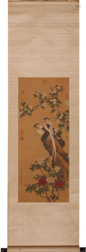 Chinese Flower and Bird Painting Scroll, Jiang Tingxi Mark